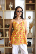 Yellow Floral Printed V-Neck Cotton Top for Women - SanskrutiHomes 