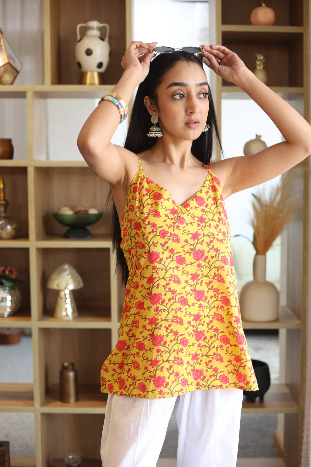 Yellow Floral Printed V-Neck Cotton Top for Women - SanskrutiHomes 