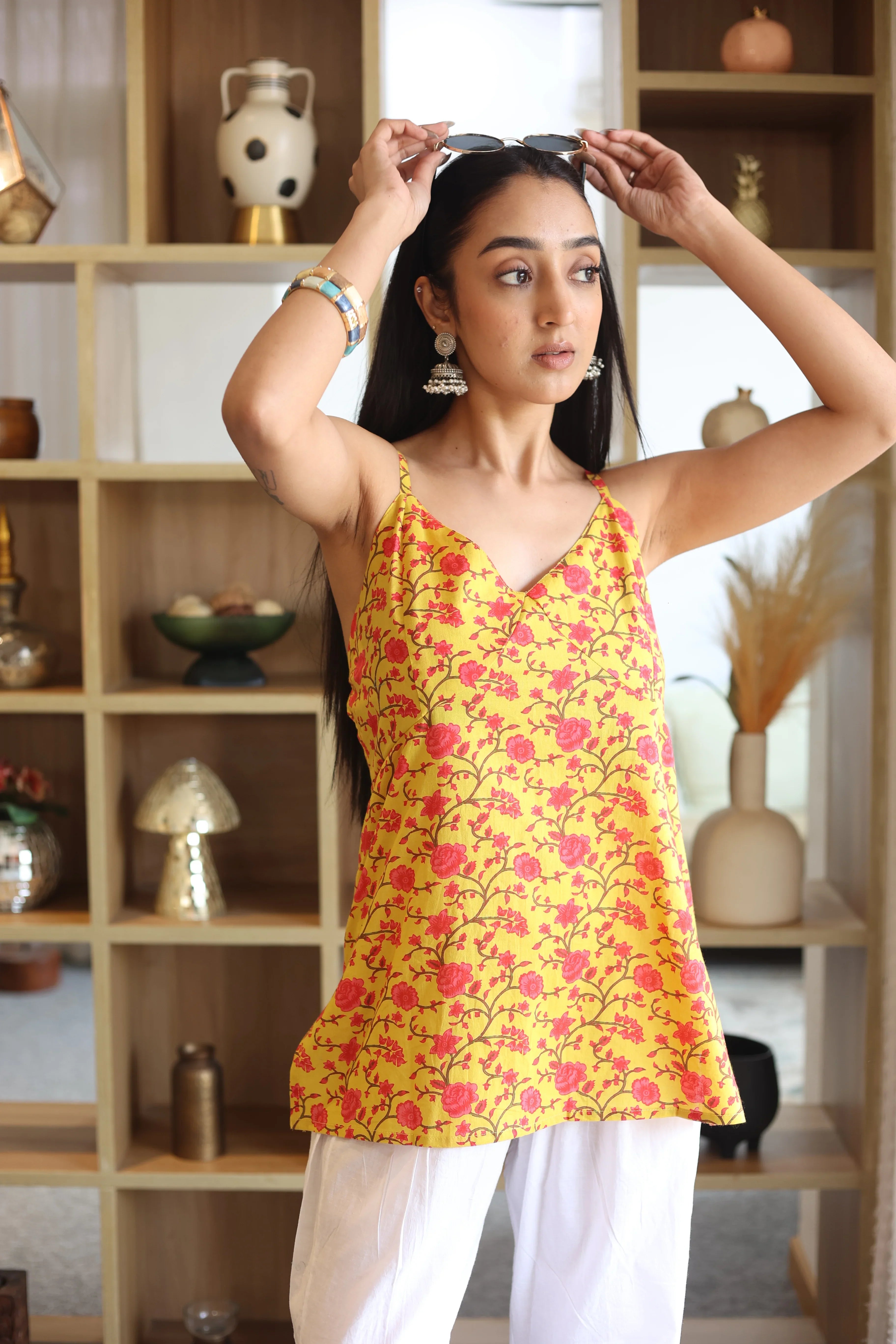 Yellow Floral Printed V-Neck Cotton Top for Women - SanskrutiHomes 