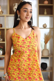 Yellow Floral Printed V-Neck Cotton Top for Women - SanskrutiHomes 