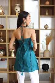 Teal Stripes Print Cotton V-Neck Top for Women - SanskrutiHomes 