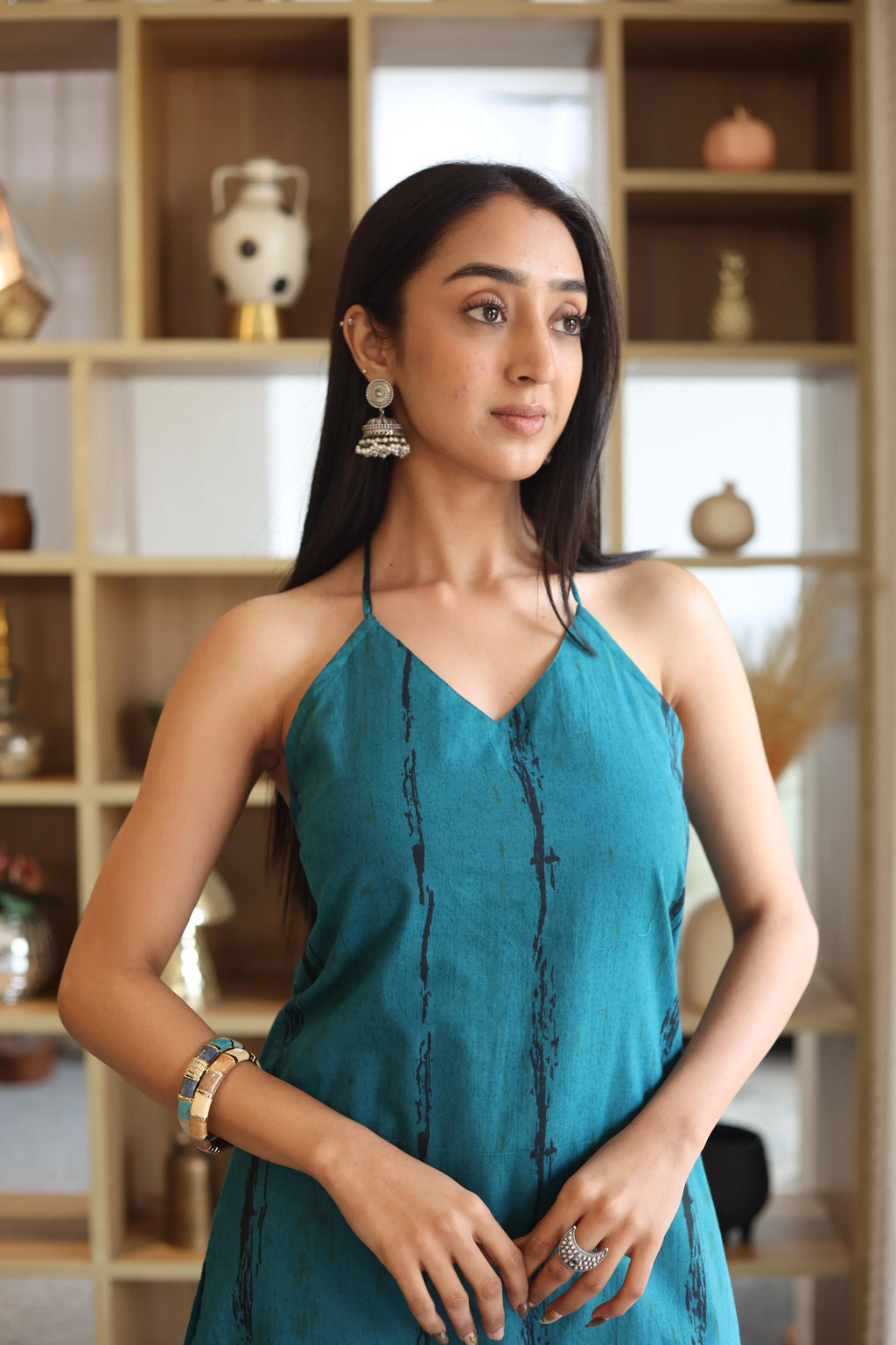 Teal Stripes Print Cotton V-Neck Top for Women - SanskrutiHomes 