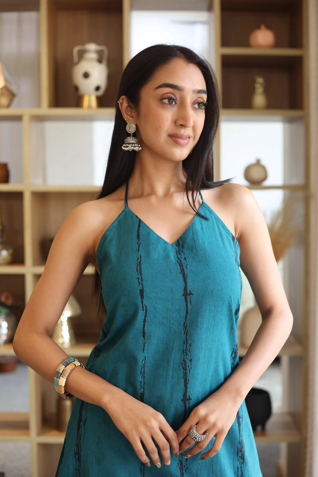 Teal Stripes Print Cotton V-Neck Top for Women - SanskrutiHomes 