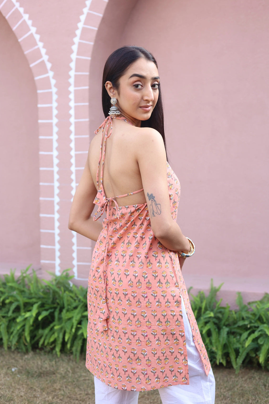 Peach Floral Print Cotton V-Neck Top for Women - SanskrutiHomes 