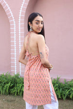 Peach Floral Print Cotton V-Neck Top for Women - SanskrutiHomes 
