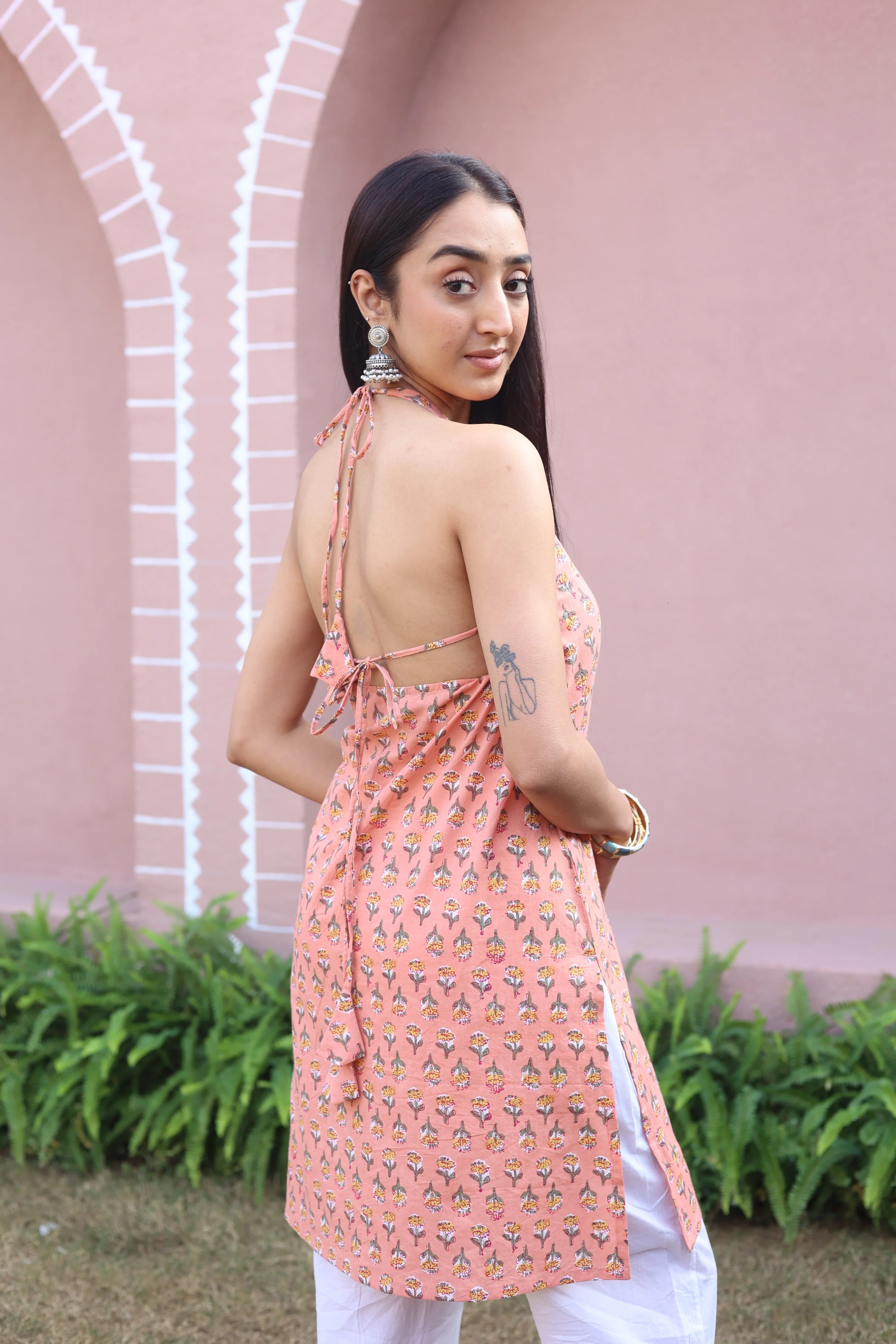 Peach Floral Print Cotton V-Neck Top for Women - SanskrutiHomes 