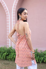 Peach Floral Print Cotton V-Neck Top for Women - SanskrutiHomes 