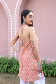 Peach Floral Print Cotton V-Neck Top for Women - SanskrutiHomes 