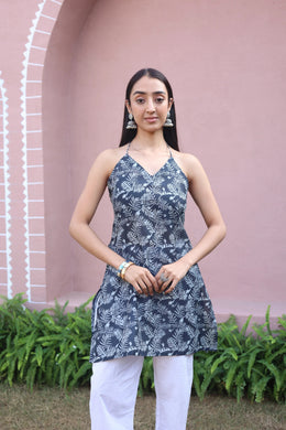 Blue Floral Print Cotton V-Neck Top for Women - SanskrutiHomes 