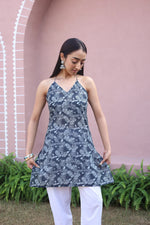 Blue Floral Print Cotton V-Neck Top for Women - SanskrutiHomes 