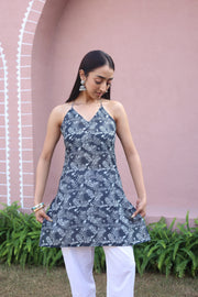 Blue Floral Print Cotton V-Neck Top for Women - SanskrutiHomes 