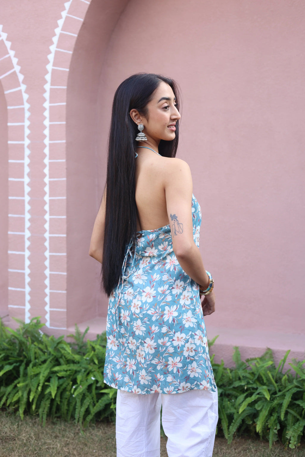 Grey Floral Print Cotton V-Neck Top for Women - SanskrutiHomes 