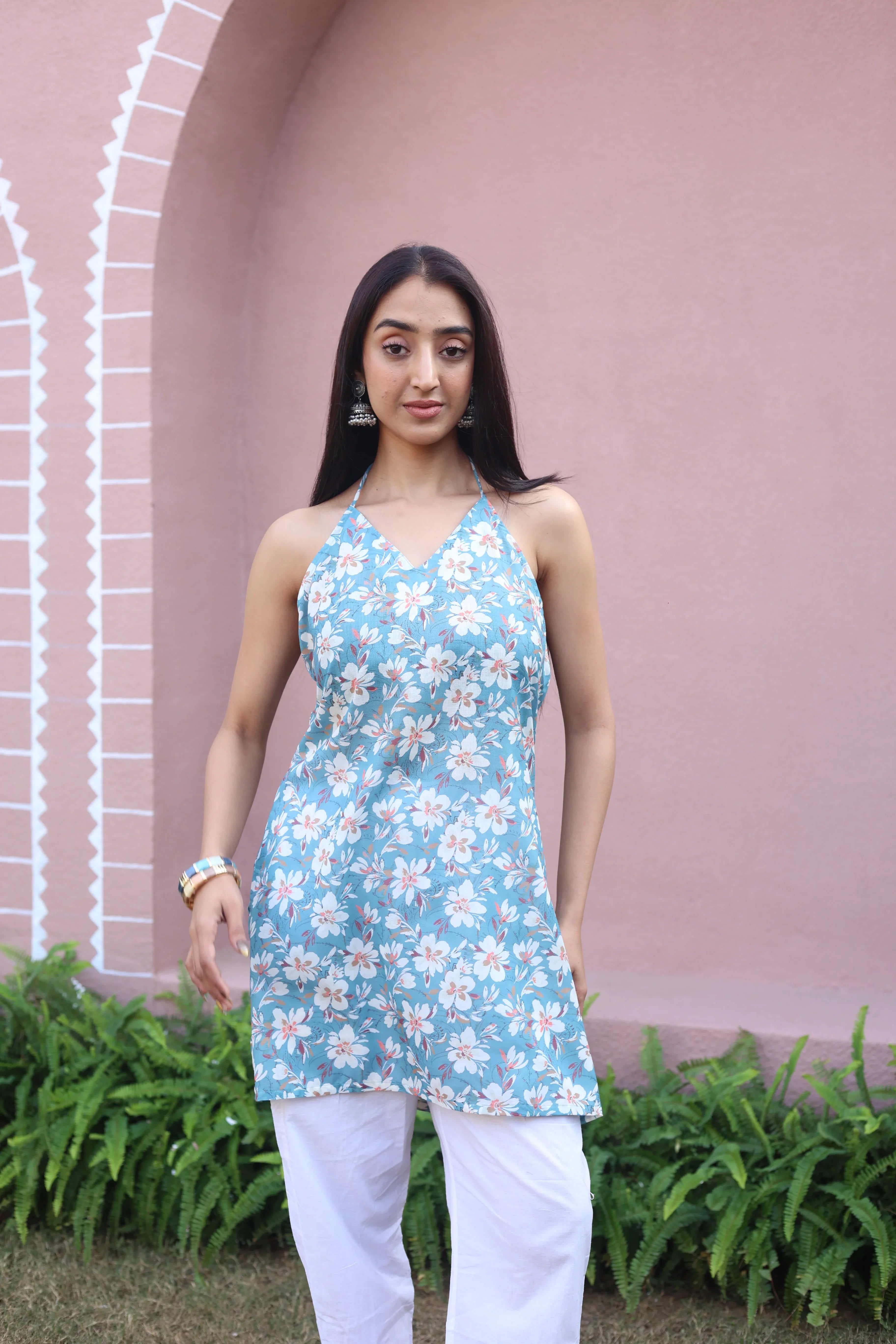 Grey Floral Print Cotton V-Neck Top for Women - SanskrutiHomes 