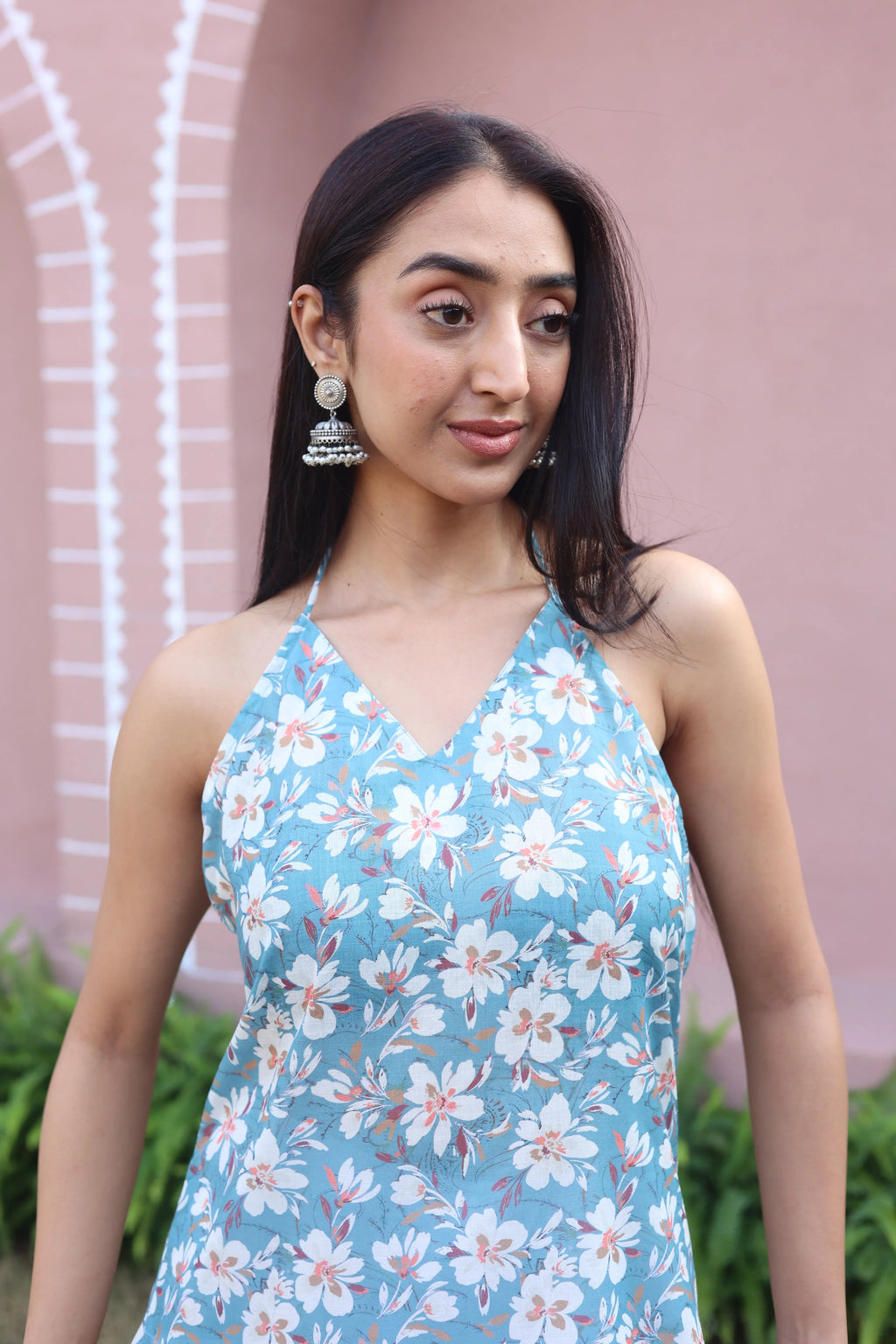 Grey Floral Print Cotton V-Neck Top for Women - SanskrutiHomes 