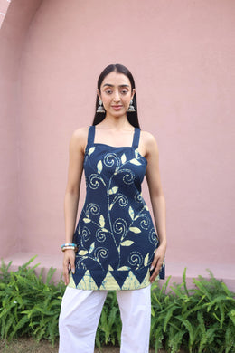 Navy Blue Floral Print Cotton Square Neck Top for Women - SanskrutiHomes 