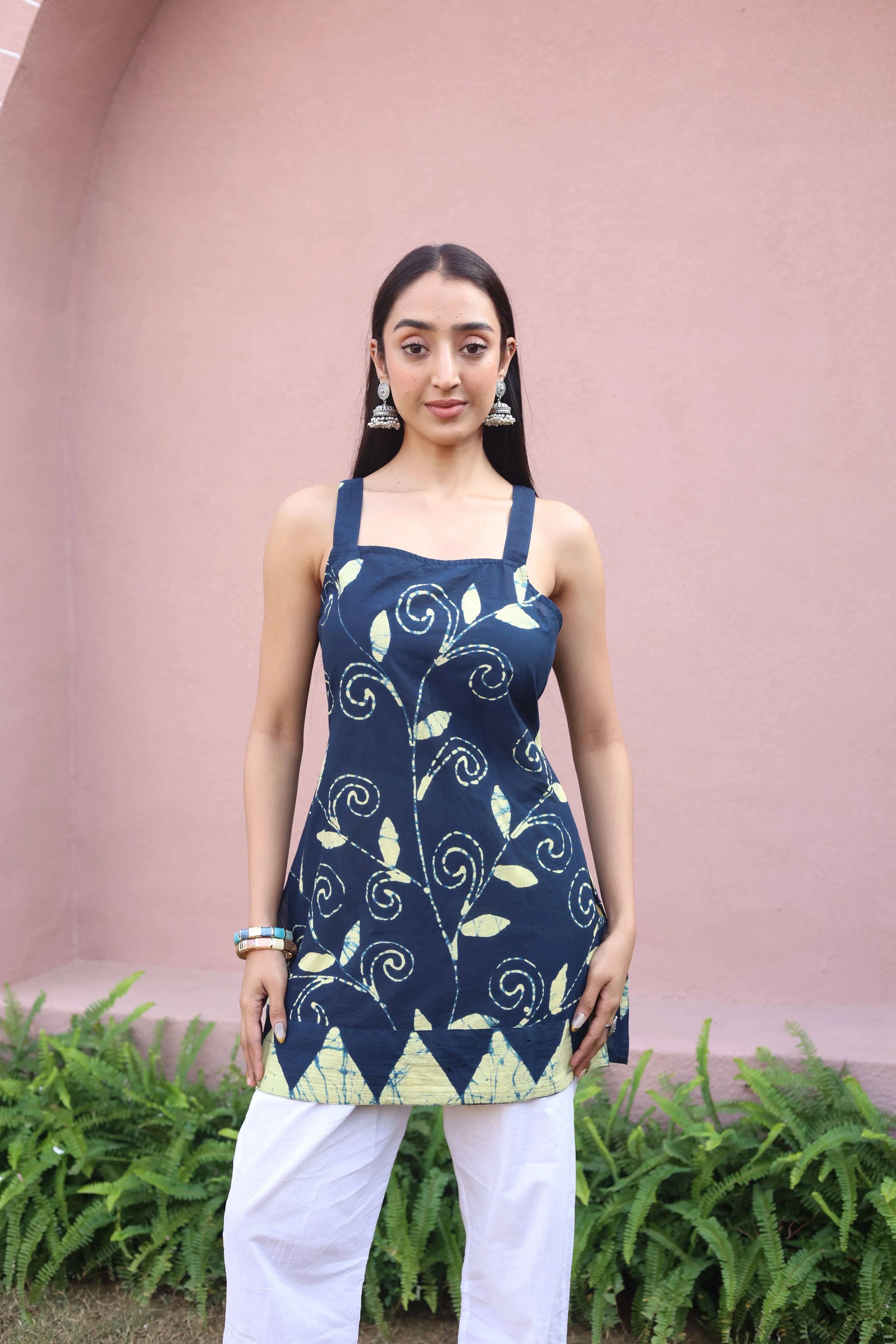 Navy Blue Floral Print Cotton Square Neck Top for Women - SanskrutiHomes 