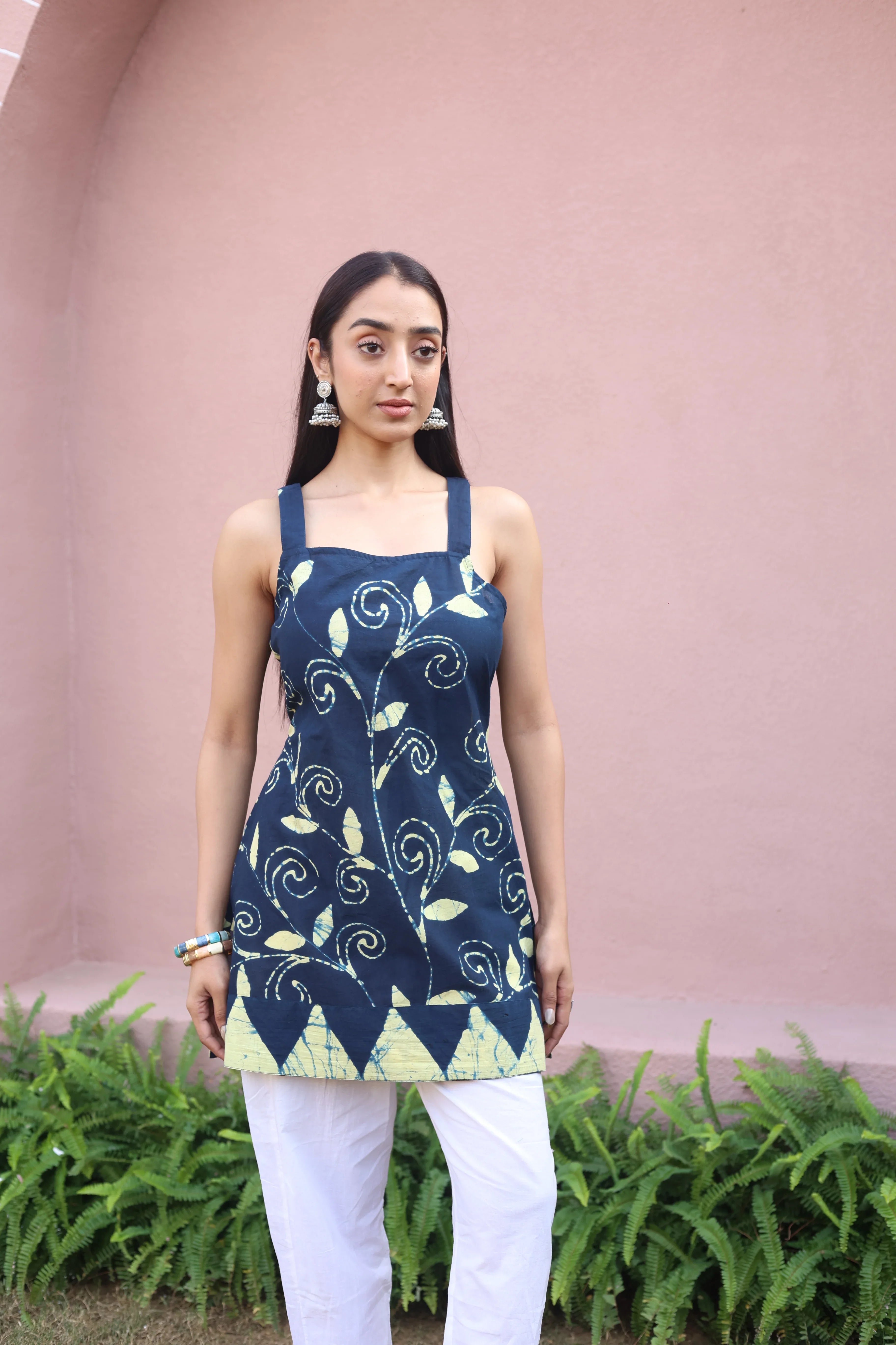 Navy Blue Floral Print Cotton Square Neck Top for Women - SanskrutiHomes 