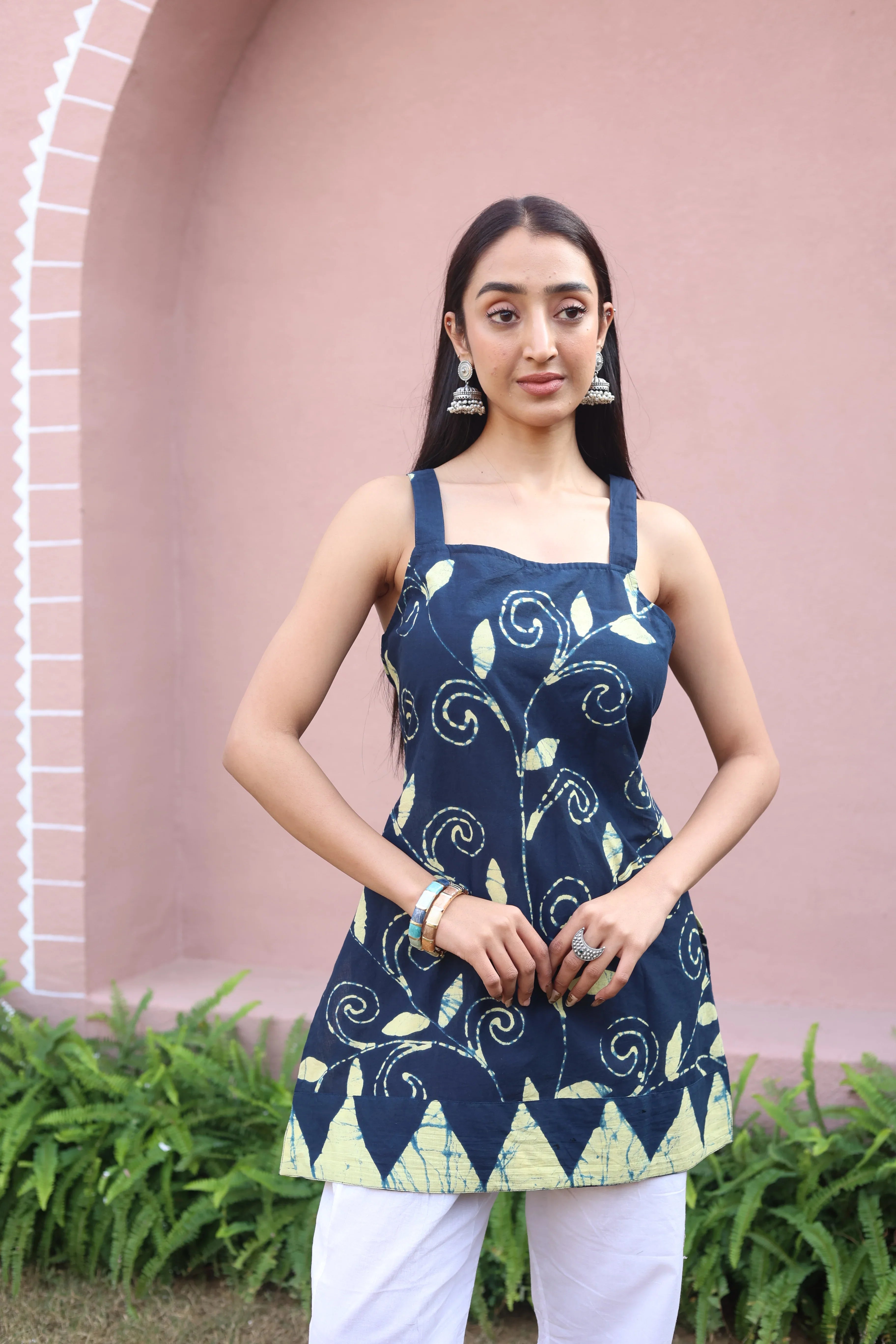 Navy Blue Floral Print Cotton Square Neck Top for Women - SanskrutiHomes 