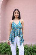 Sea Green Floral Cotton V-Neck Top for Women - SanskrutiHomes 