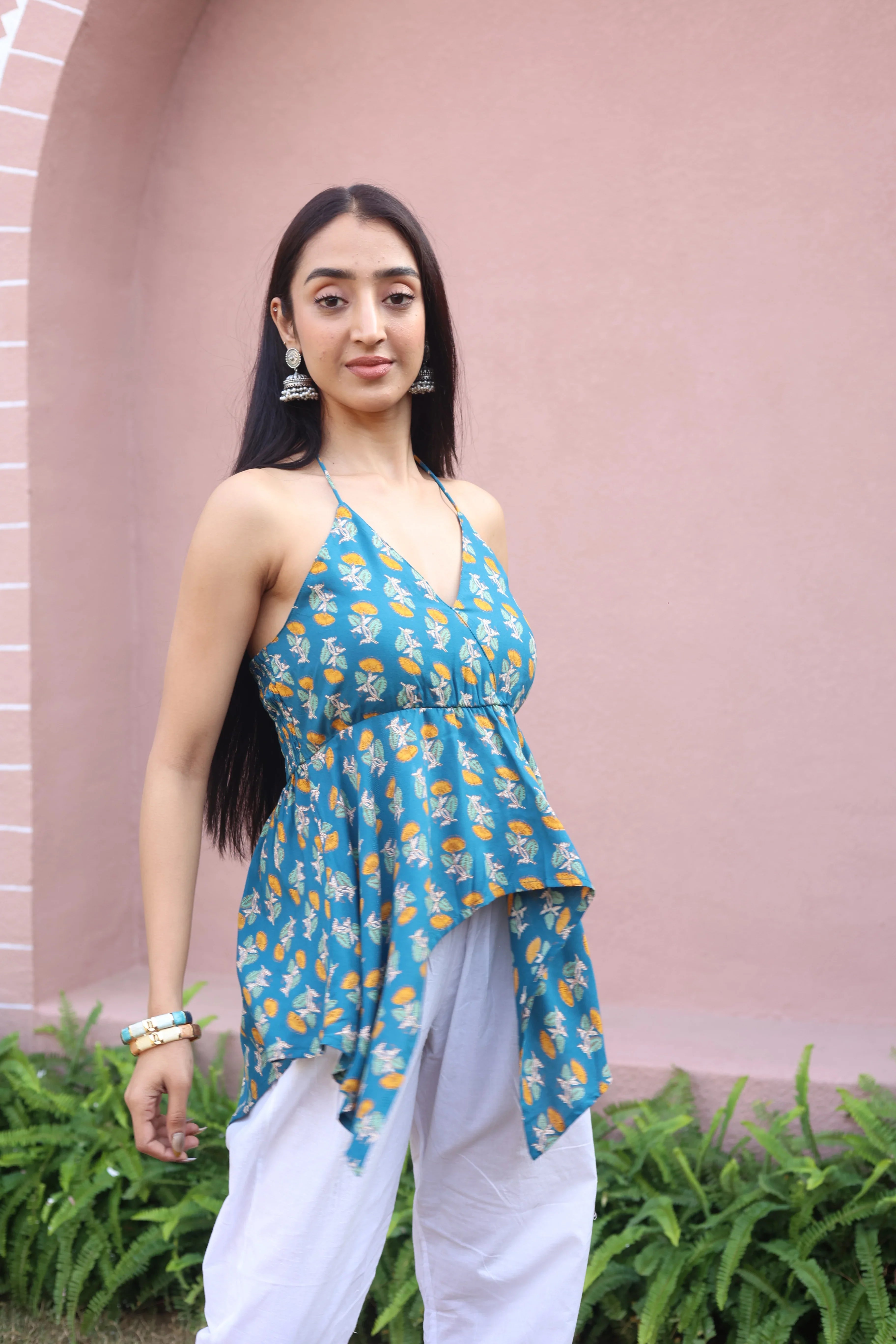 Sea Green Floral Cotton V-Neck Top for Women - SanskrutiHomes 