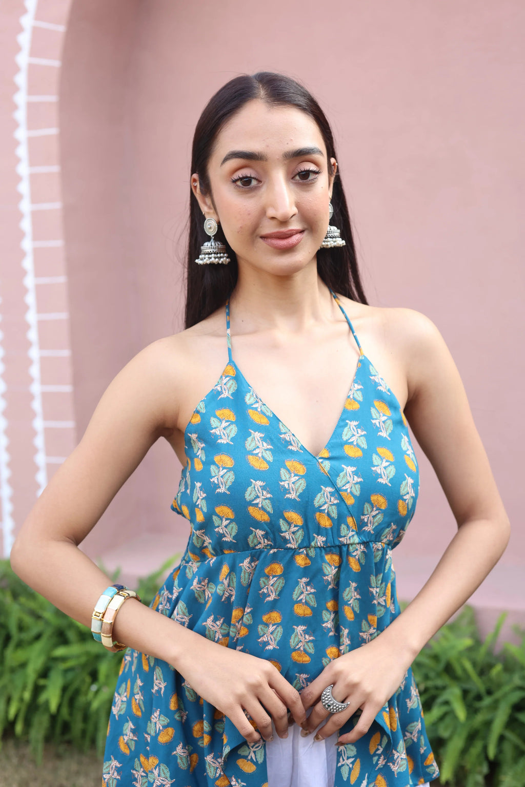 Sea Green Floral Cotton V-Neck Top for Women - SanskrutiHomes 