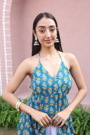 Sea Green Floral Cotton V-Neck Top for Women - SanskrutiHomes 