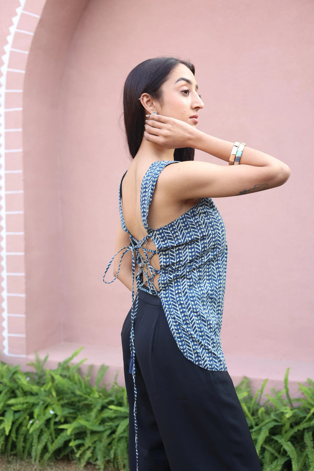 Blue Abstract Print Cotton Square Neck Top for Women - SanskrutiHomes 