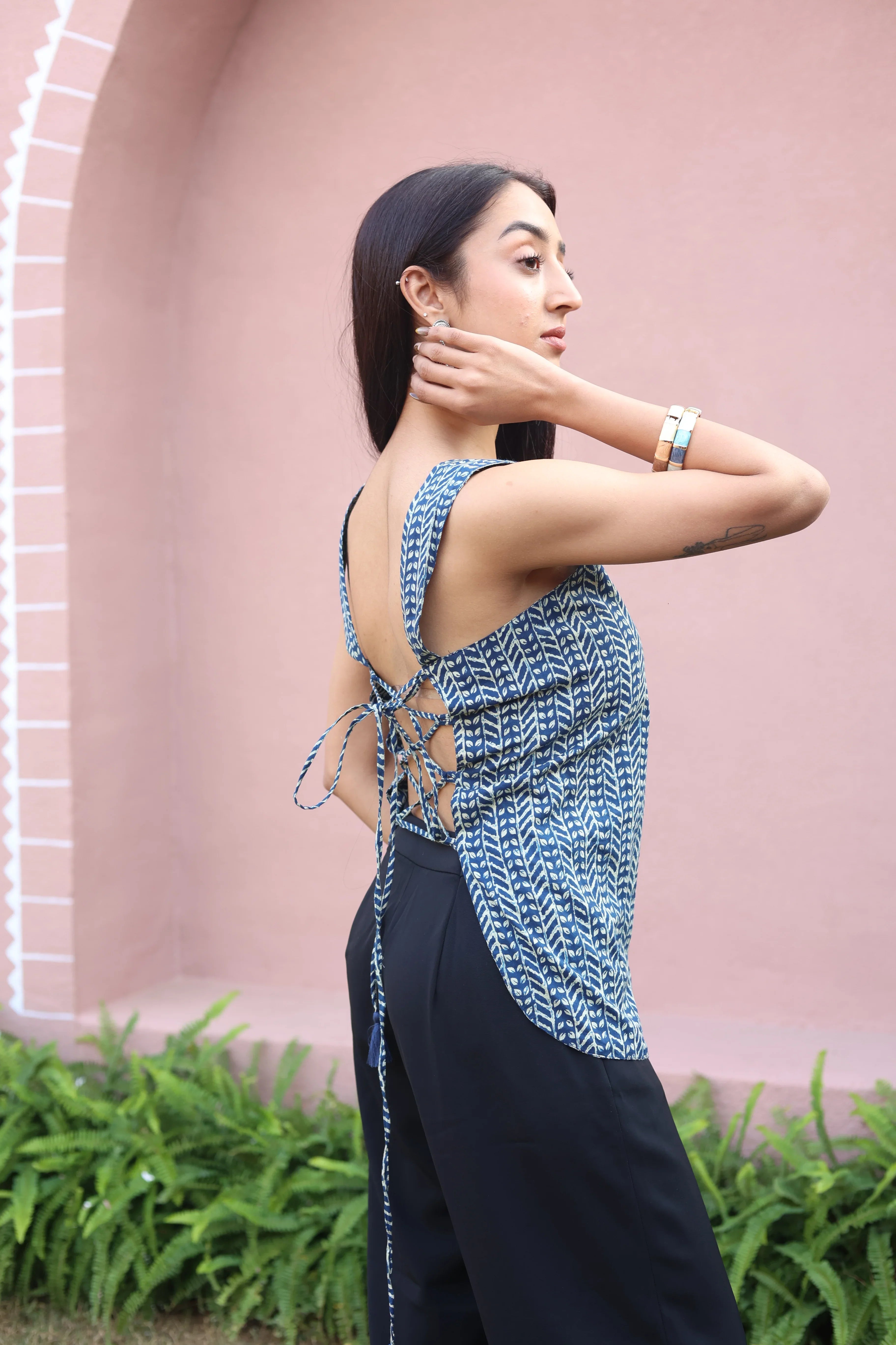 Blue Abstract Print Cotton Square Neck Top for Women - SanskrutiHomes 