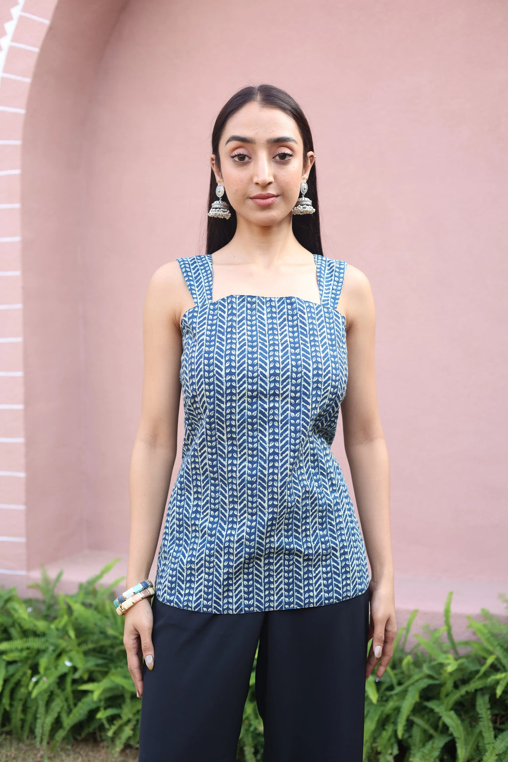 Blue Abstract Print Cotton Square Neck Top for Women - SanskrutiHomes 