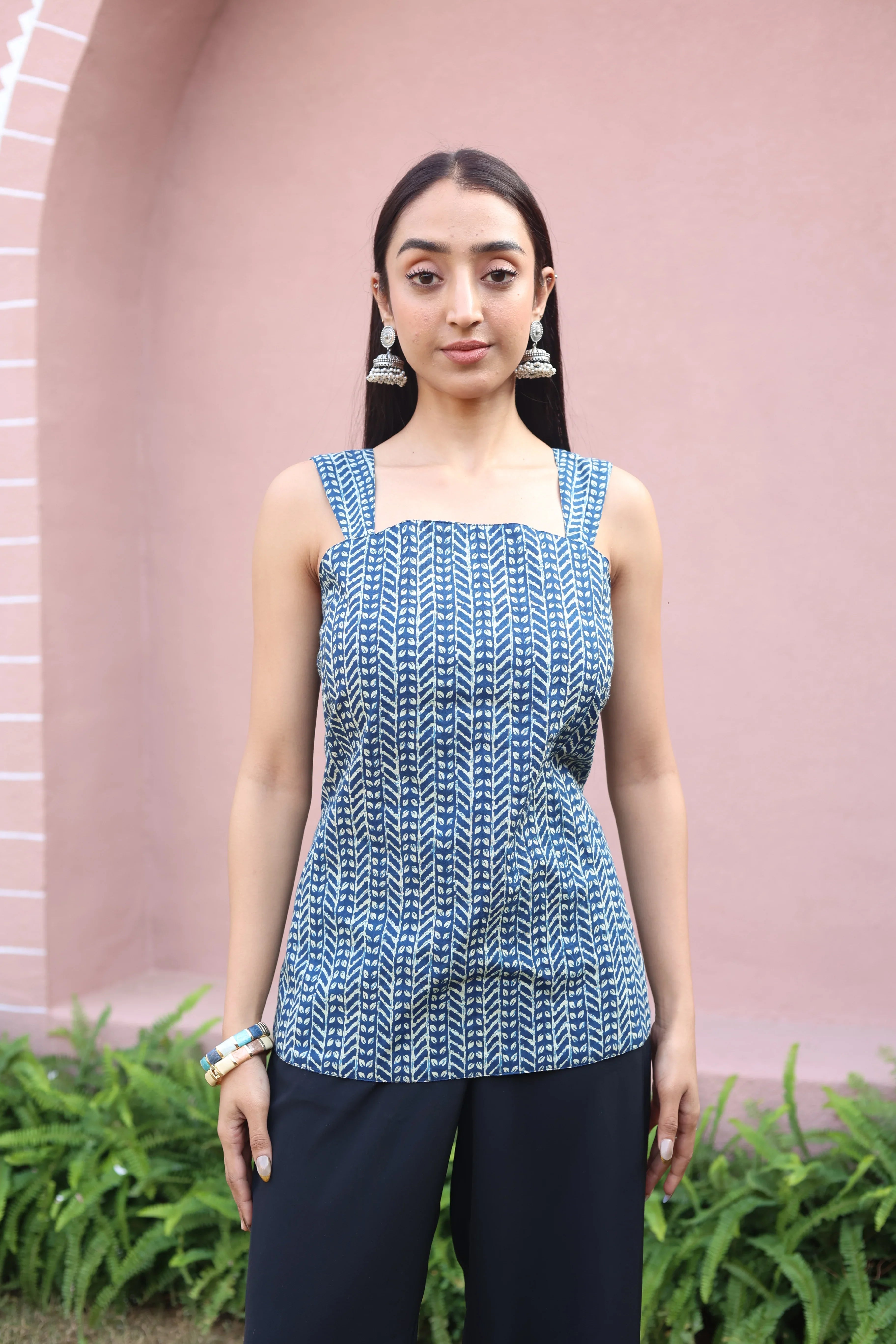 Blue Abstract Print Cotton Square Neck Top for Women - SanskrutiHomes 