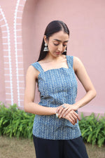 Blue Abstract Print Cotton Square Neck Top for Women - SanskrutiHomes 