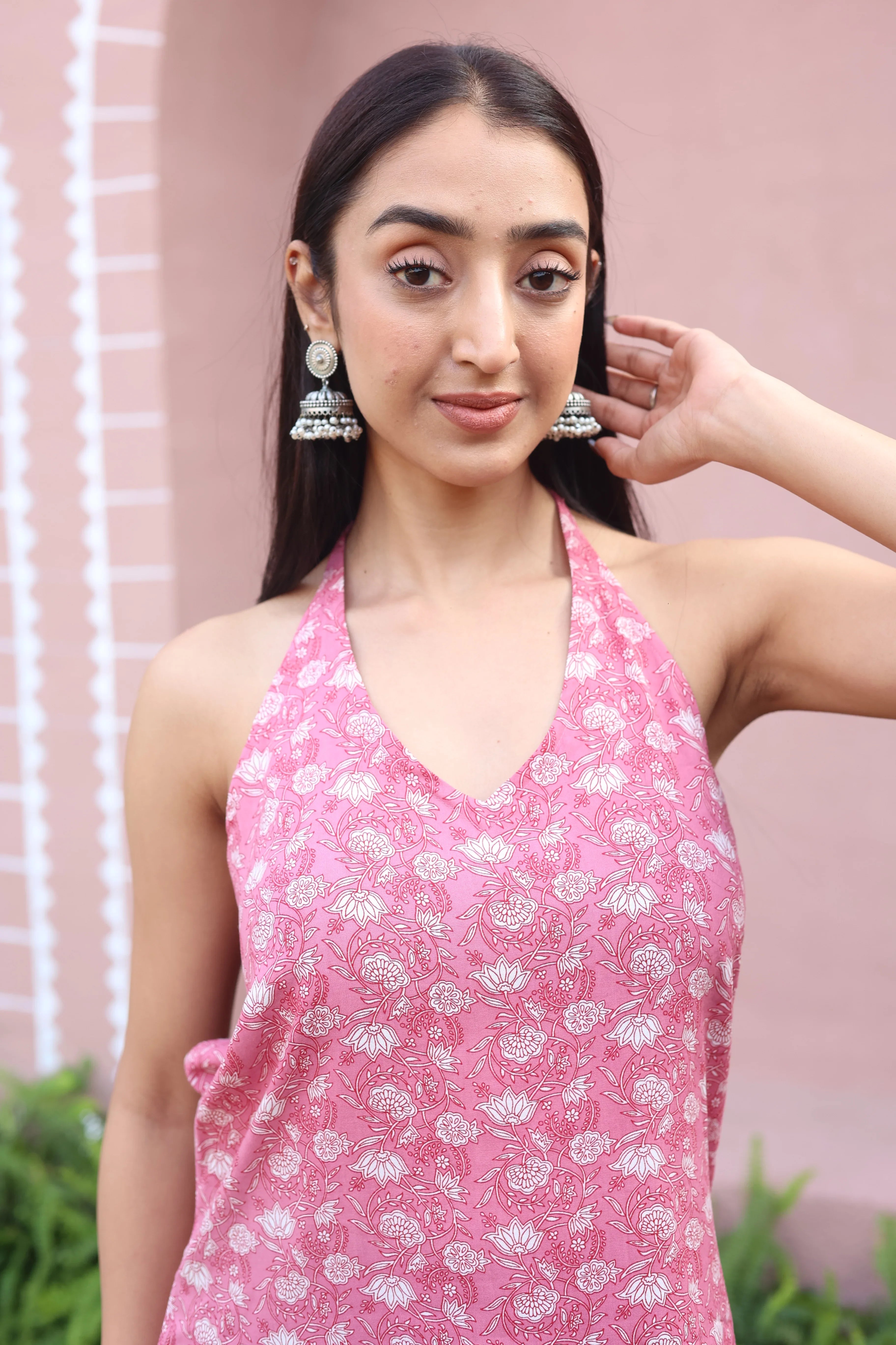 Pink Printed Viscose Rayon Halter Neck Top for Women - SanskrutiHomes 