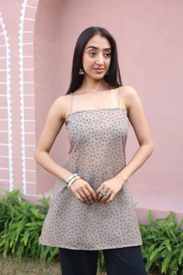 Brown Floral Print Cotton Square Neck Top for Women - SanskrutiHomes 