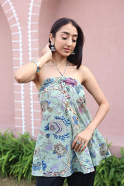 Green Floral Print Cotton Tie-Up Neck Top for Women - SanskrutiHomes 