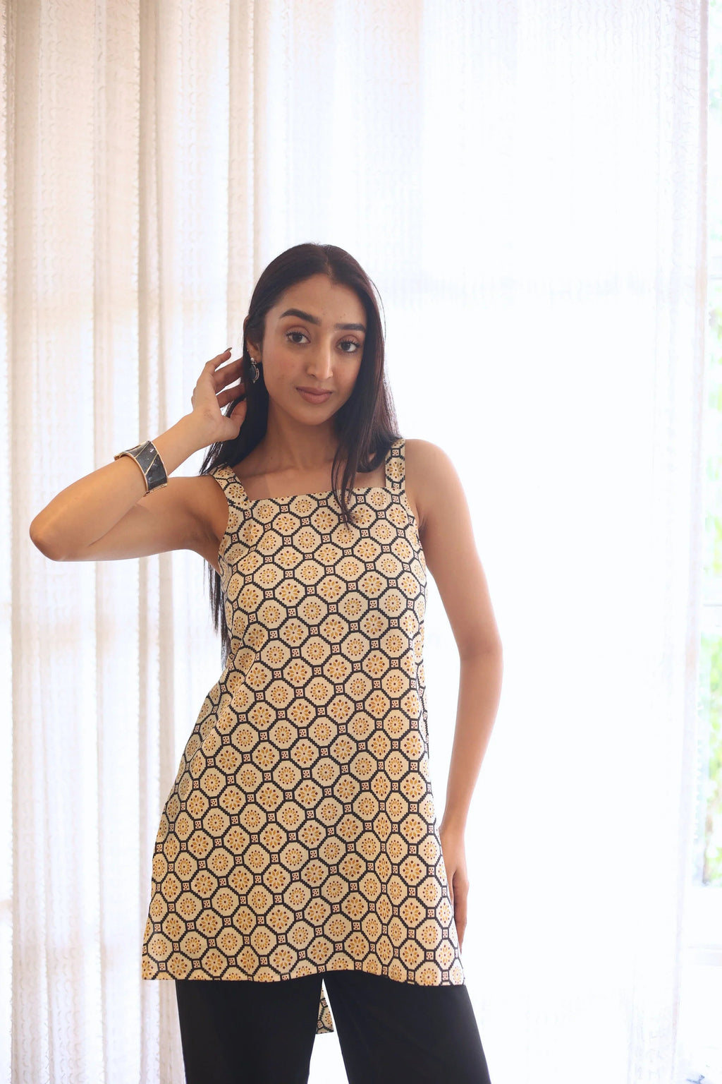 Beige Abstract Print Cotton Square Neck Top for Women - SanskrutiHomes 