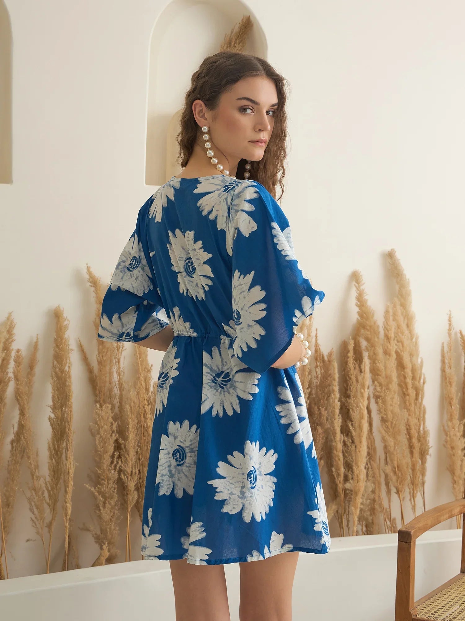 Blue Floral Printed V-Neck Dress for Women - SanskrutiHomes 