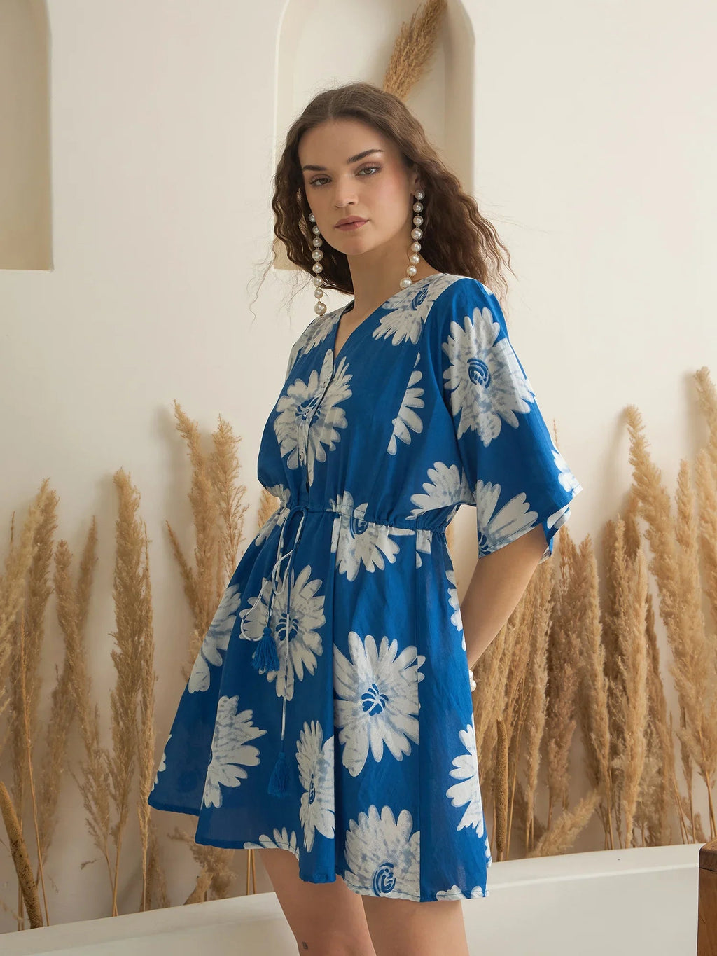 Blue Floral Printed V-Neck Dress for Women - SanskrutiHomes 