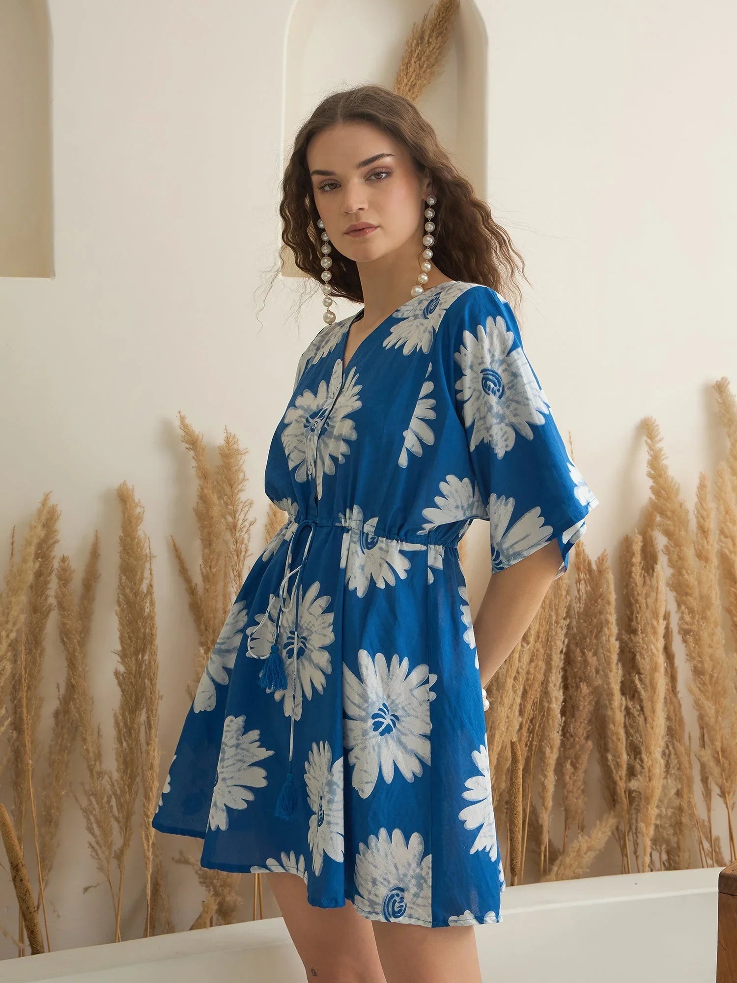 Blue Floral Printed V-Neck Dress for Women - SanskrutiHomes 