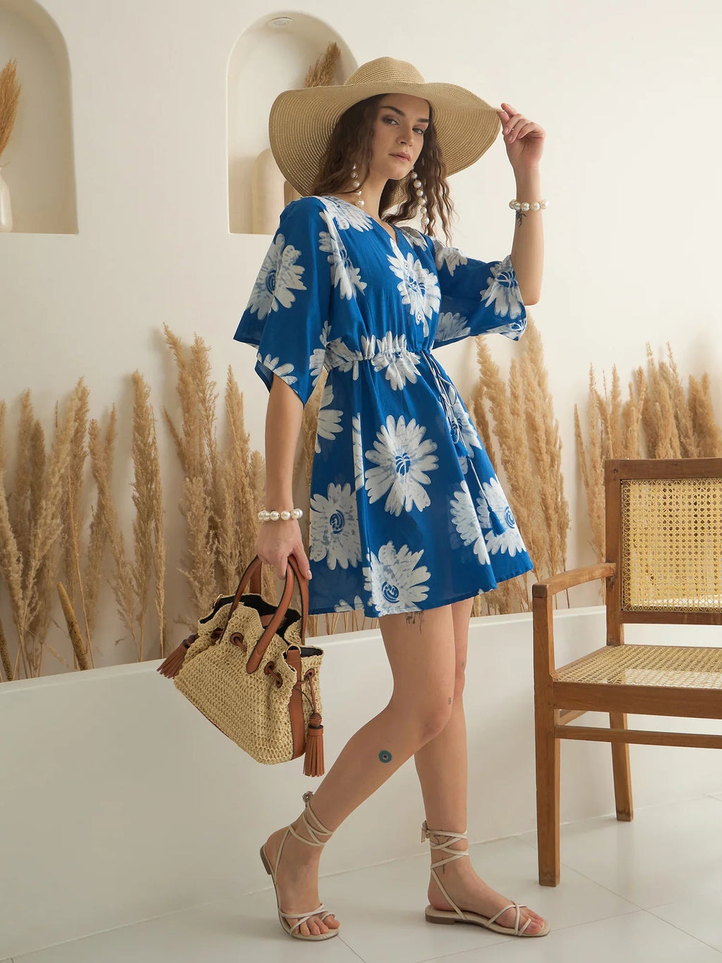 Blue Floral Printed V-Neck Dress for Women - SanskrutiHomes 