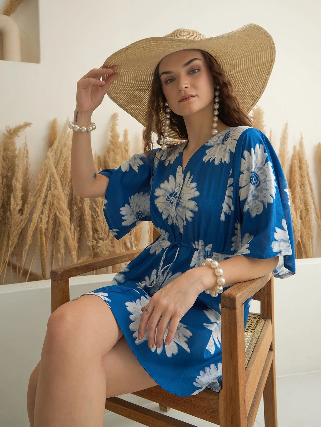 Blue Floral Printed V-Neck Dress for Women - SanskrutiHomes 