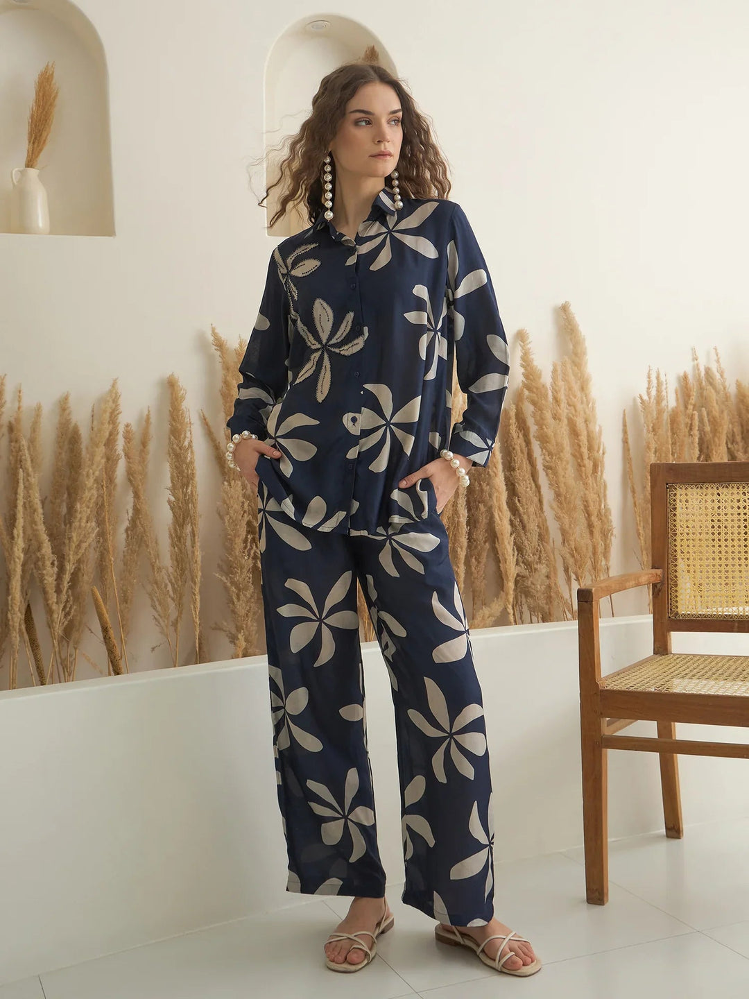 Navy Blue Viscose Rayon Shirt Collar Co-Ord Set for Women - SanskrutiHomes 