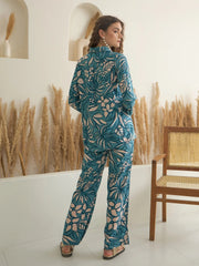 Blue Shirt Collar Viscose Rayon Printed Night Suit for Women - SanskrutiHomes 