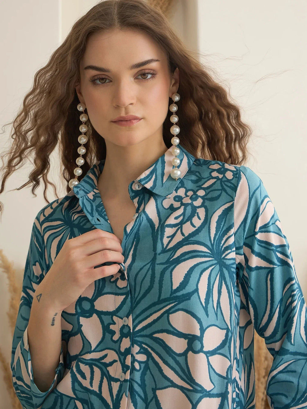 Blue Shirt Collar Viscose Rayon Printed Night Suit for Women - SanskrutiHomes 