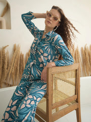 Blue Shirt Collar Viscose Rayon Printed Night Suit for Women - SanskrutiHomes 