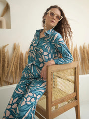 Blue Shirt Collar Viscose Rayon Printed Night Suit for Women - SanskrutiHomes 