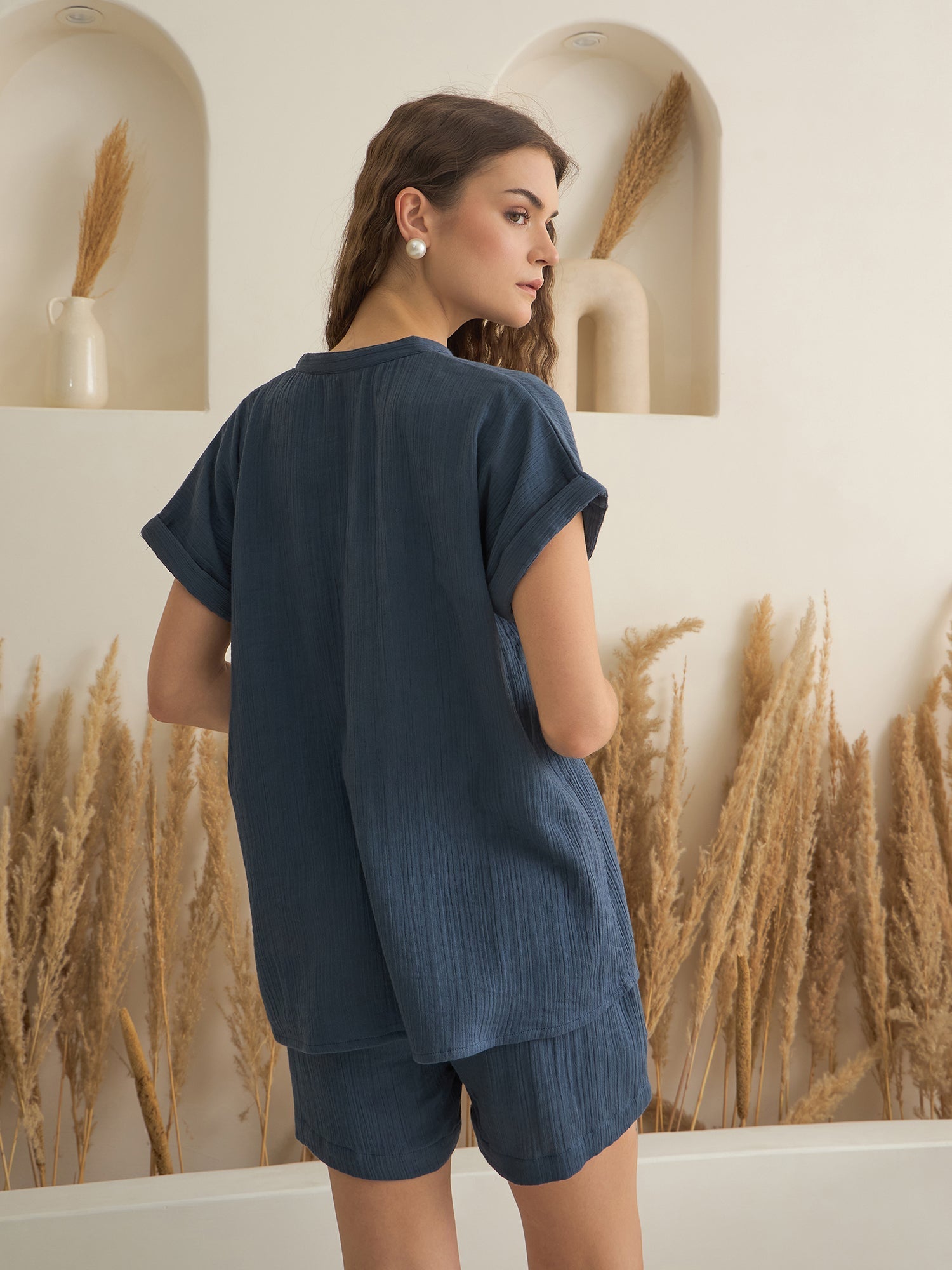 Blue V-Neck Pure Cotton Solid Night Suit for Women - SanskrutiHomes 