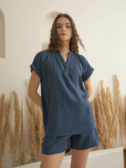 Blue V-Neck Pure Cotton Solid Night Suit for Women - SanskrutiHomes 