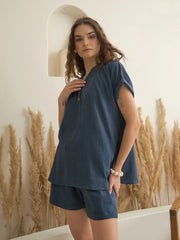 Blue Color V-Neck Pure Cotton Solid Co-ords Set for Women - SanskrutiHomes 