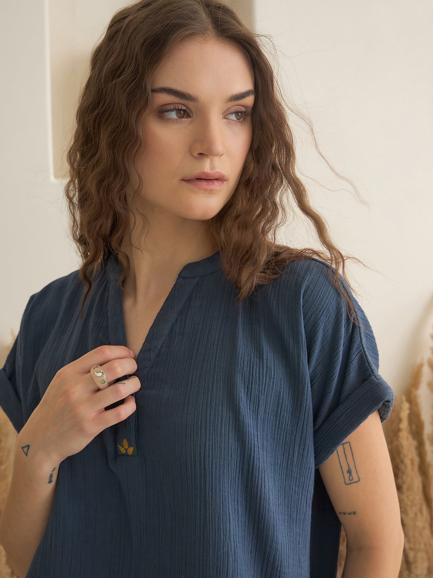 Blue V-Neck Pure Cotton Solid Night Suit for Women - SanskrutiHomes 