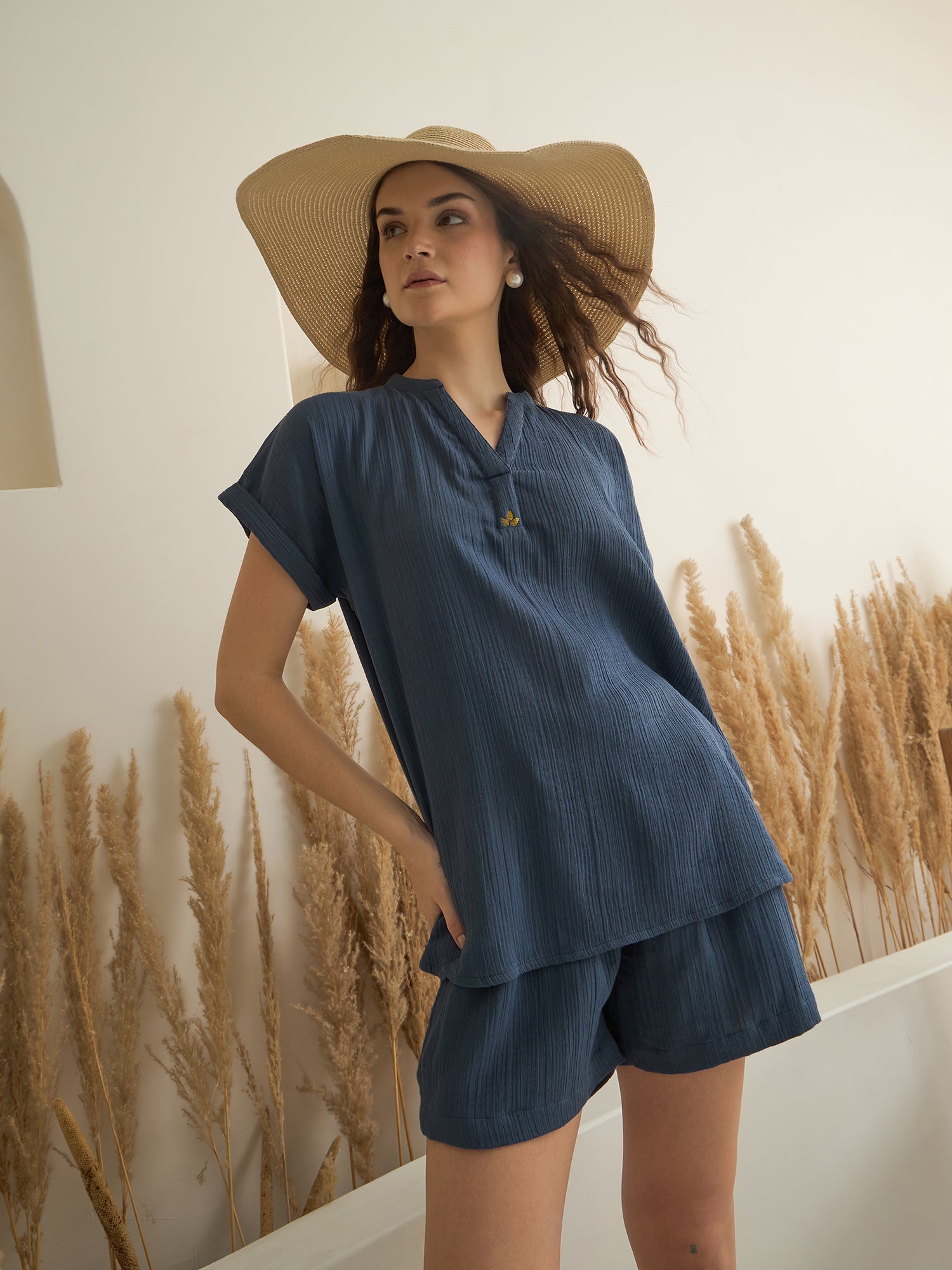 Blue V-Neck Pure Cotton Solid Night Suit for Women - SanskrutiHomes 